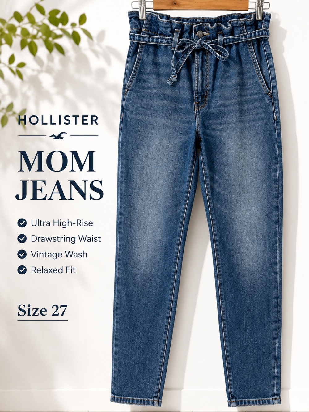 Hollister Paperbag Mom Jeans High Rise Drawstring Vintage Wash Sz 27